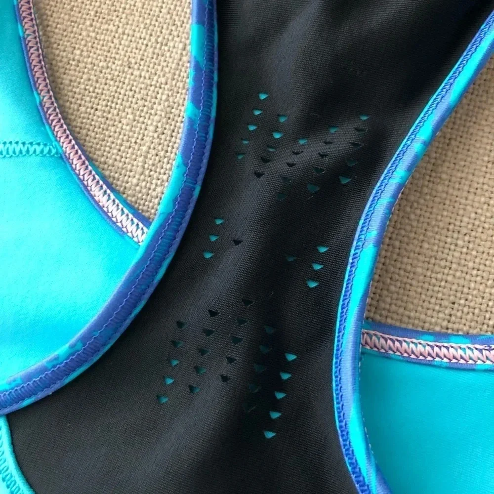 Lululemon Ivivva Girls Size 14 Turquoise Racerback Sports Bra Zebra Animal Print